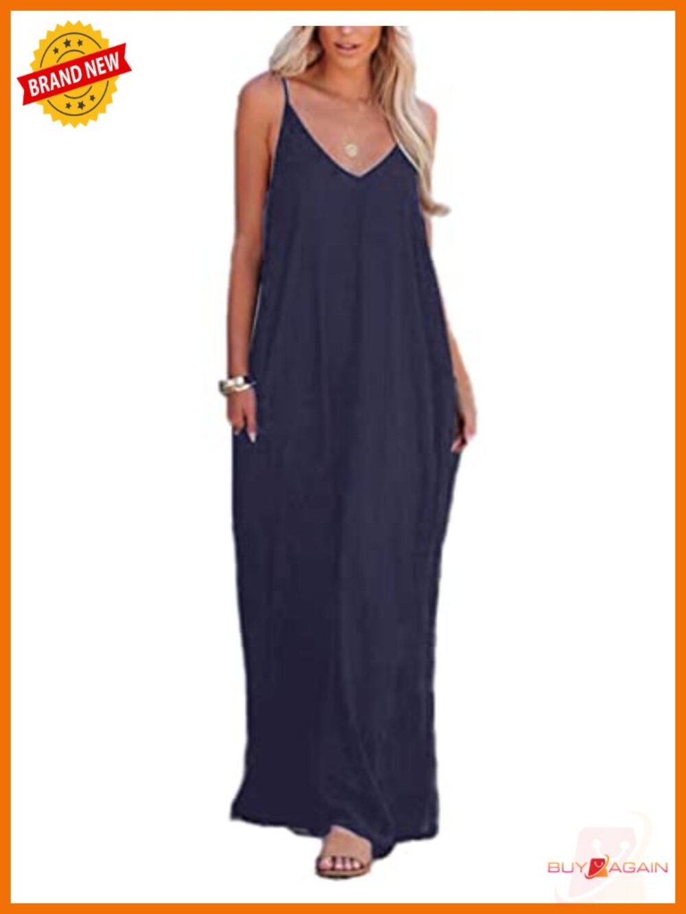 Poetsky Sleeveless V Neck Maxi Beach Dress with Pockets